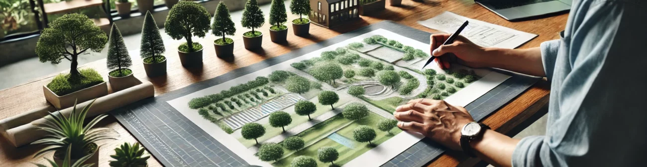 dalle 2024 10 18 19 51 27 a modern landscape designer working on a detailed outdoor plan with trees pathways and greenery shown in the drawing the setting is a bright open 1 e1729307621737