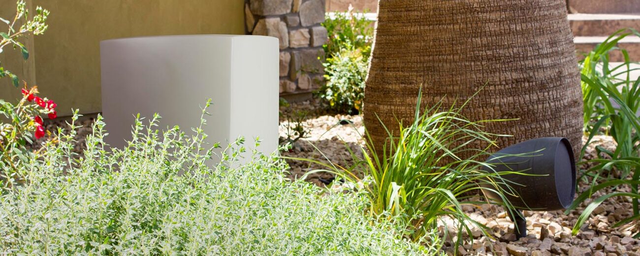 TruAudio hardscape subwoofer and landscape satellite speaker in a planted gravel bed