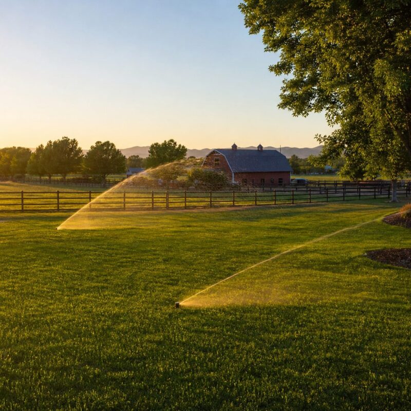 Rural farm lawn with sprinklers — CELL-BOX keeps the controller online without WiFi