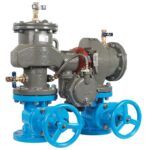 Febco LF880V lead-free N-pattern reduced pressure zone assembly, 3 inch flanged, NRS gate valves and SentryPlus flood sensor