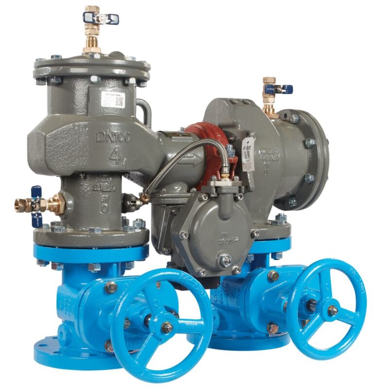 Febco LF880V lead-free N-pattern reduced pressure zone assembly, 3 inch flanged, NRS gate valves and SentryPlus flood sensor