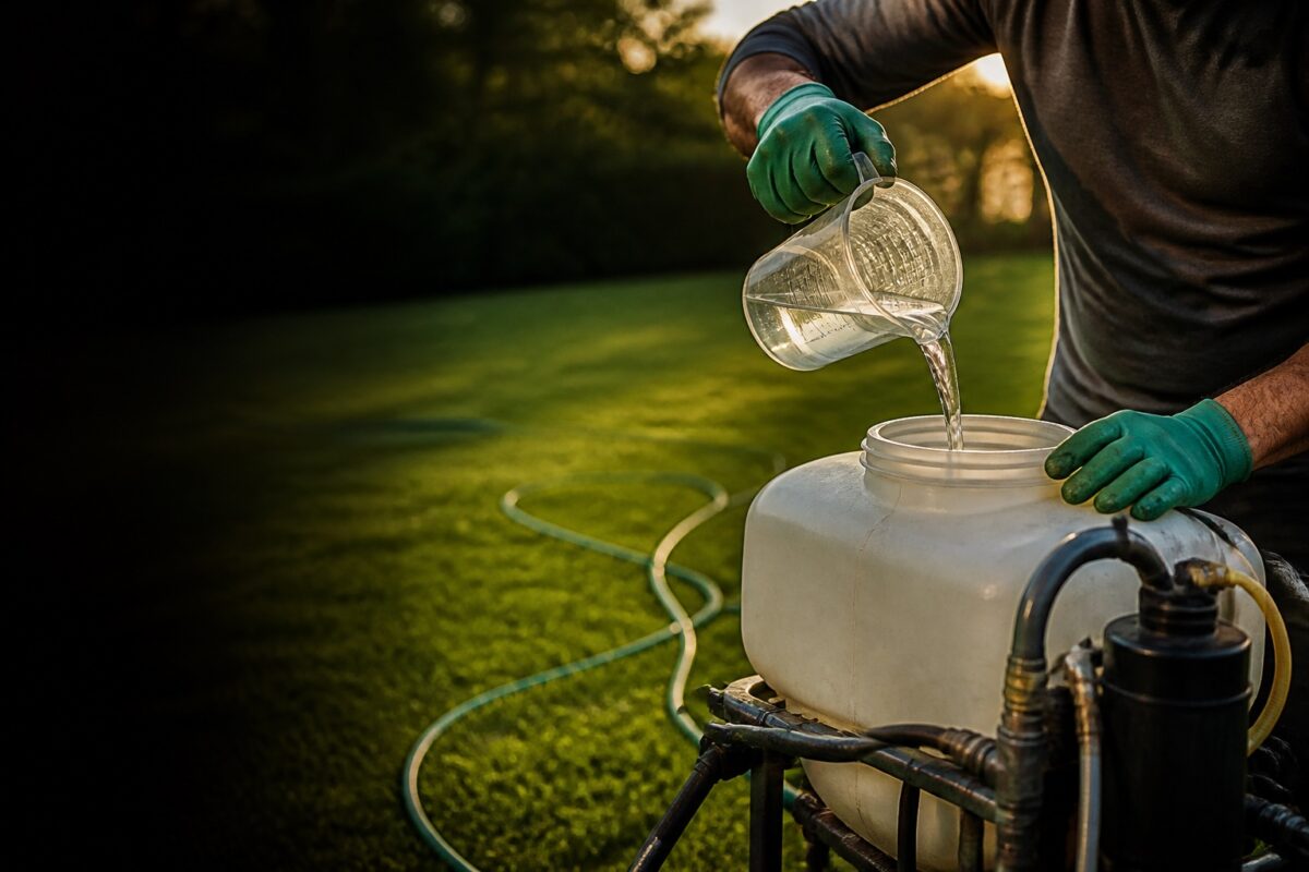 Spray adjuvant poured into a tank mix on a lawn