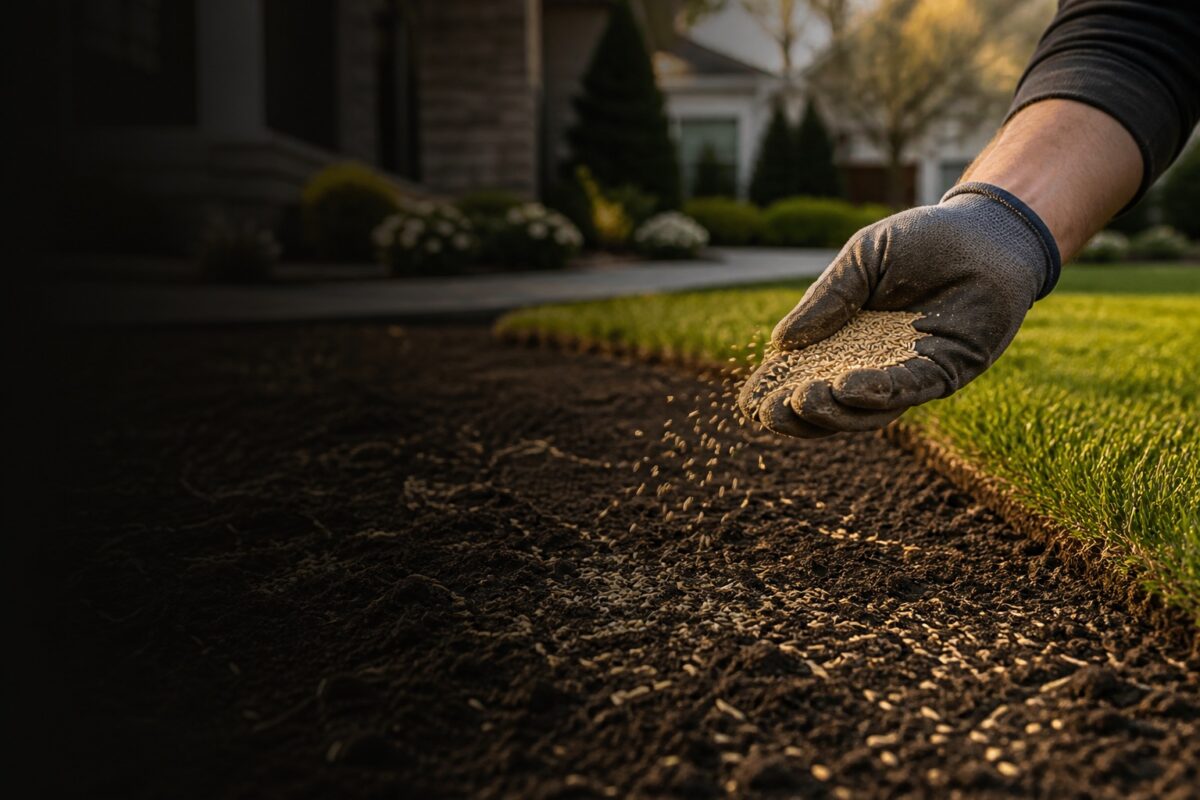 Grass seed broadcast onto prepared soil beside established turf