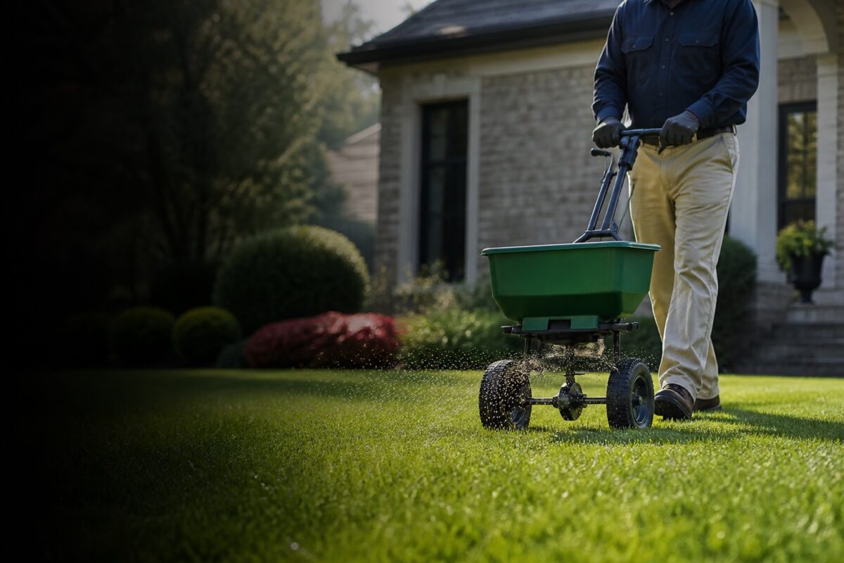 Granular insecticide spread on a residential lawn