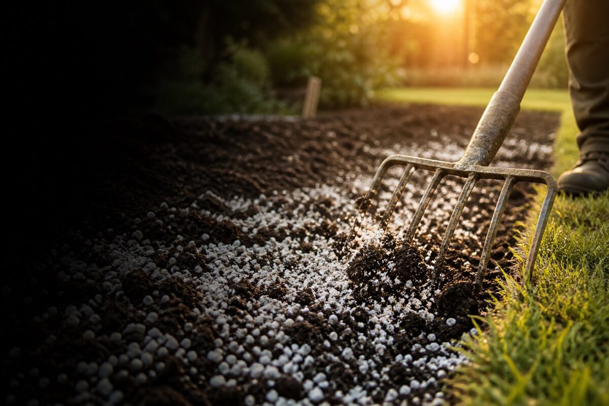 Gypsum soil amendment worked into garden soil beside turf