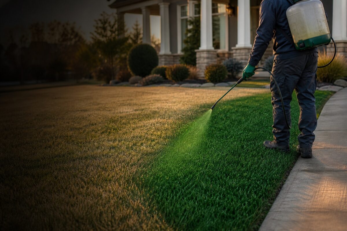 Green turf paint sprayed onto a residential lawn