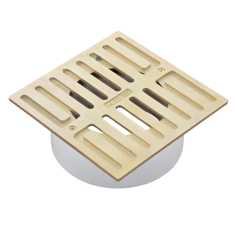 NDS 5 in. Square Grate with Collar, Connects to 3 in. Drain Pipes and 4 in. Fittings, Satin Brass and Plastic (913B)