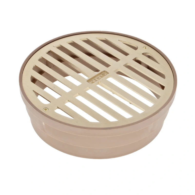 NDS 6 in. Round Grate with Collar, Connects to 6 in. Spee-D® Basin, 6 in. Drain Fittings, Satin Brass and Plastic (918B)