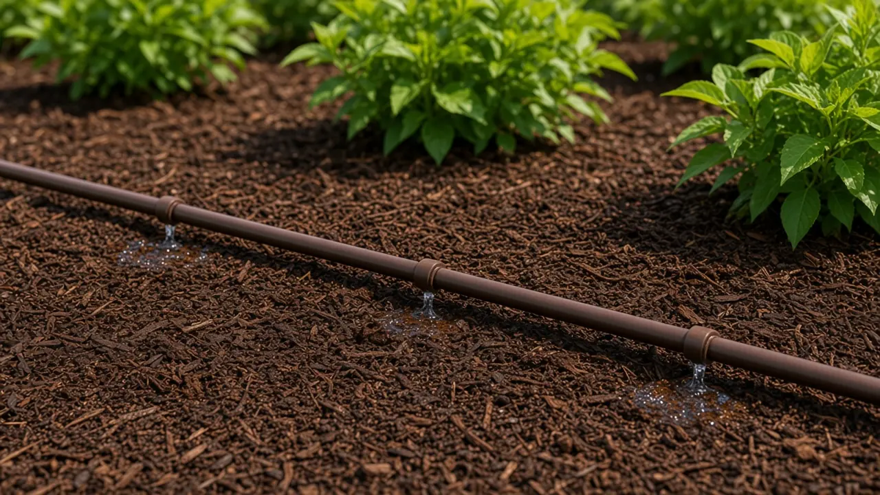 Netafim Techline dripline watering a mulched planting bed