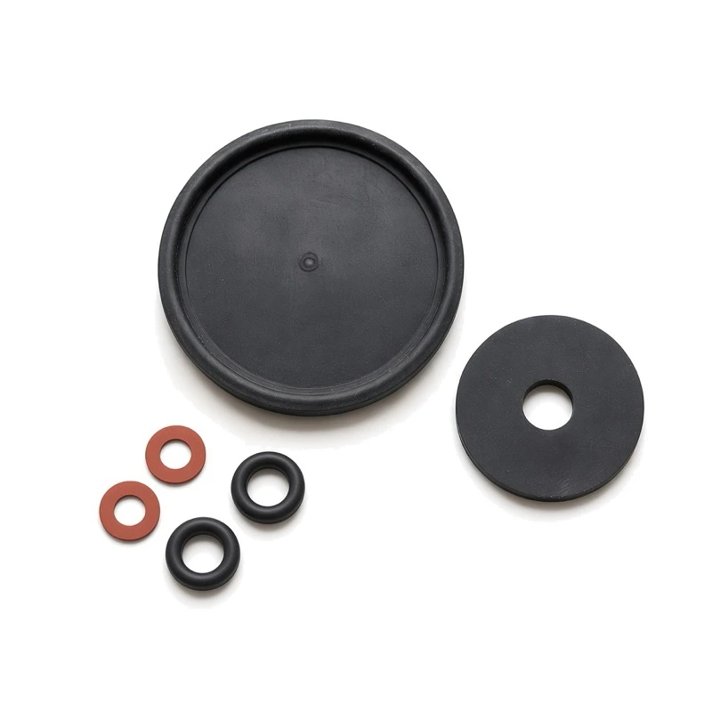 Superior 800 Series electric valve adapter repair kit diaphragm, flat black ring, flat red washers, and rounded black seals